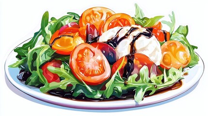 Colorful illustration of a healthy salad with tomatoes, mozzarella, and greens.