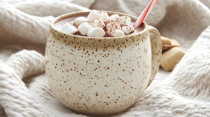 Cup of Hot Chocolate with Marshmallows and a Striped Straw