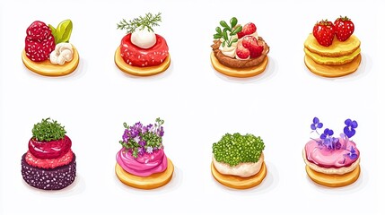 Colorful, gourmet finger foods on crackers, a delightful selection.