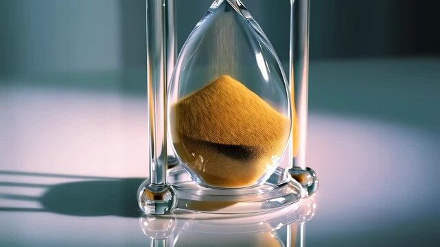 Elegant hourglass with translucent glass and flowing gold sand, illuminated by gentle light on a reflective surface conveying fleeting time.