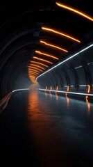 Empty futuristic tunnel with orange and white neon lights