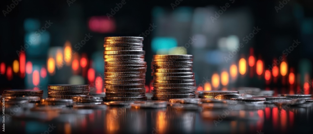 Poster stacks of coins on a table financial charts in the background