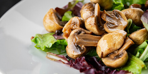 Champignon mushrooms pickled salad snack fresh gourmet food background on the table rustic food top view copy space vegetarian vegan food