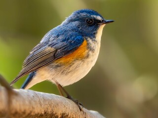 森の中で周りを見渡しているルリビタキの雄の繊細で美しい羽毛の様子のクローズアップ
