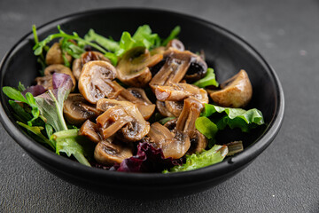 Champignon mushrooms pickled salad snack fresh gourmet food background on the table rustic food top view copy space vegetarian vegan food