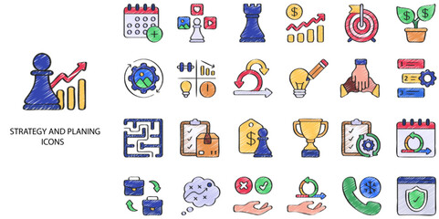 Strategy and Planning simple concept 24 hand drawn color icons set .Vector illustration.