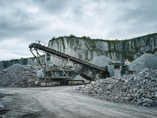 Large quarry machine in a vast open-pit stone extraction site.