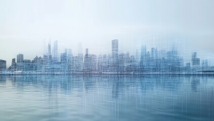 City skyline, blurred and overlaid with digital lines, reflecting on calm water