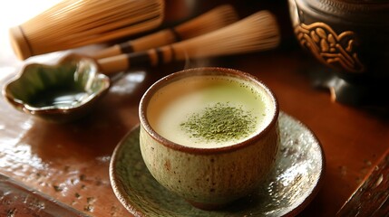 Matcha Tea with Traditional Whisk and Bowl