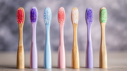 Assortment of colorful bamboo toothbrushes