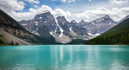 Fototapeta premium Serene Mountain Lake Landscape - Stunning turquoise lake nestled amidst snow-capped mountains and lush forests. A breathtaking natural scene