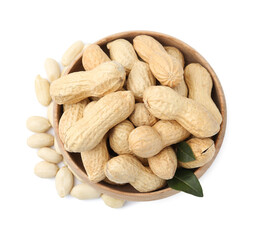 Fresh unpeeled peanuts in bowl and peeled ones isolated on white, top view