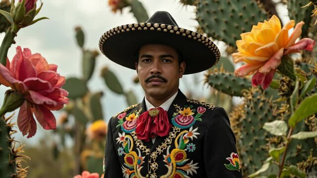 A man wearing a sombrero and a colorful outfit stands in front of a field of flowers