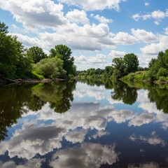 Fototapeta premium Serene River Reflection Under a Summer Sky