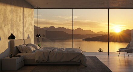 Serene Sunset Bedroom Lake View - Luxurious bedroom, panoramic mountain lake sunset view, tranquility, relaxation, escape. Modern design, comfort, nature