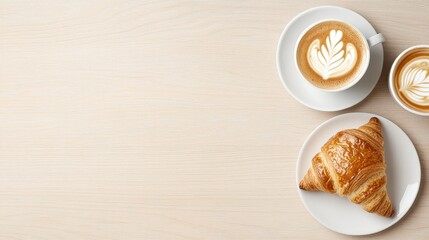 Golden croissant and latte art flat lay on bright wooden background for coffee and pastry concepts