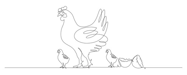 continuous line drawing of chicken and chicks 1 © Is