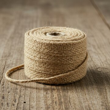 Beige Jute Ribbon Roll on Wooden Background