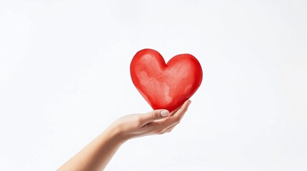 Obraz premium human hand holding red watercolor heart against white background. Concept of charity, kindness and support