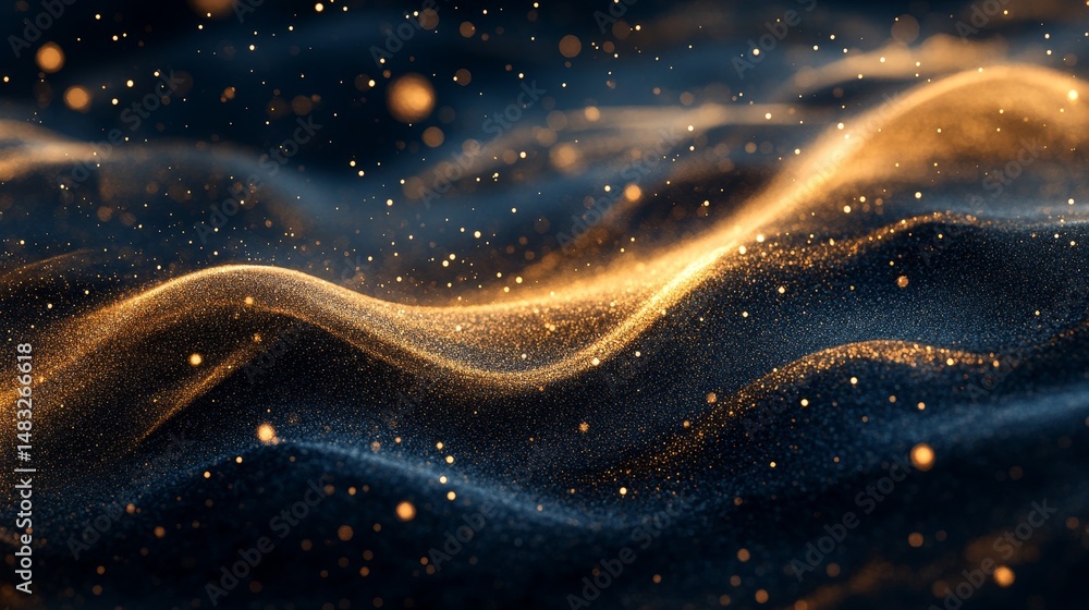 Poster abstract digital design with golden particles in motion.