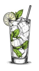Engraving Mojito Drink with Mint and Lime on a White Background. AI Generative