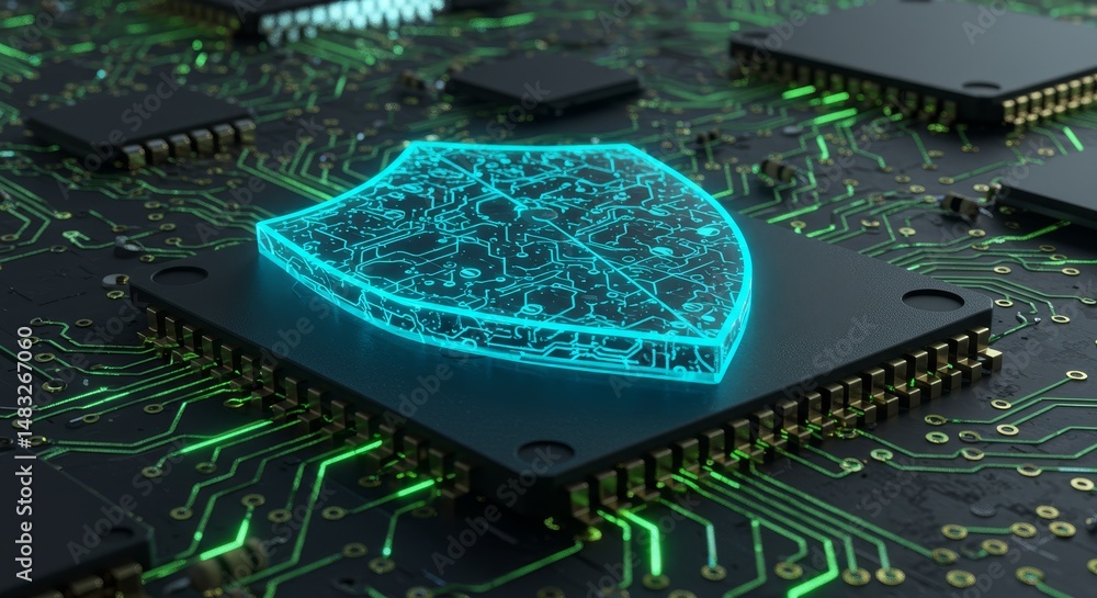 Poster shield protection - a glowing blue shield icon rests on a computer microchip, symbolizing security a