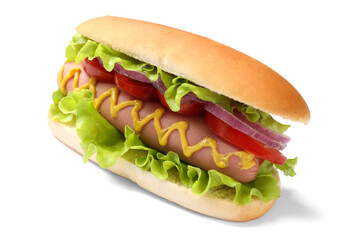 Tasty hot dog with tomato, onion, lettuce and mustard on white background