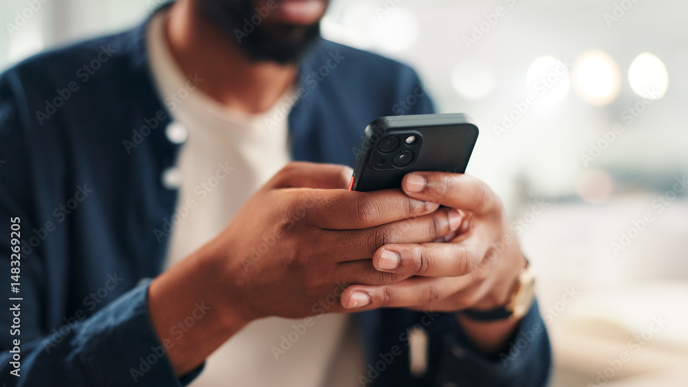 Poster businessman, hands and mobile in office for contact, calendar update or scroll on networking platfor
