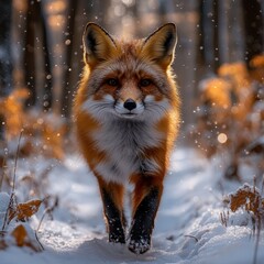 Obraz premium A red fox in a snowy forest. Sunlight filters through the trees