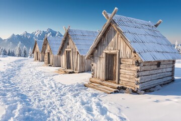 In the winter, Austrian mountains feature wooden houses surrounded by a significant amount of snow