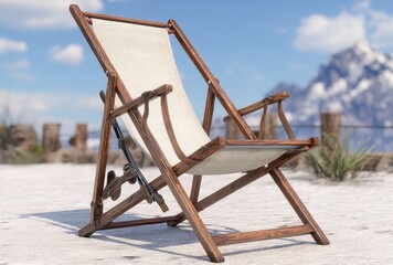 A cross ski and empty sun-lounger sit at the mountains during the winter months