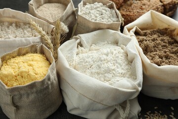 Different types of flour in bags on grey table, closeup