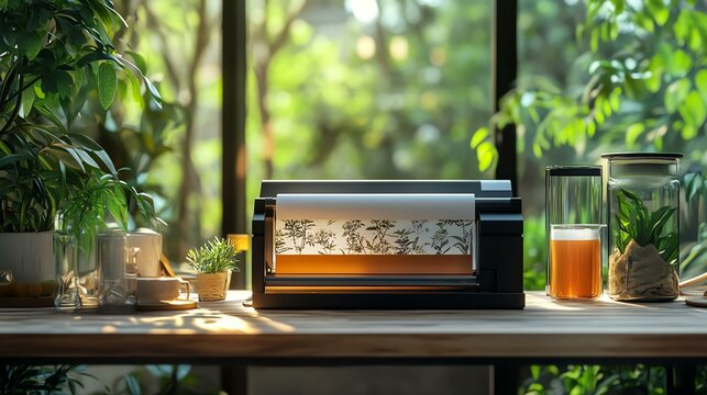 A mockup of a branded tea house signboard printer, placed on a crafting station
