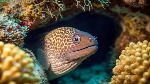 Stunning Spotted Moray Eel in Vibrant Coral Reef Habitat  A mesmerizing underwater scene showcases a beautiful spotted moray eel peeking from its coral home.