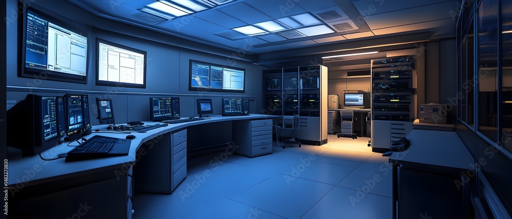 Poster a computer room with a large monitor on the left side of the room