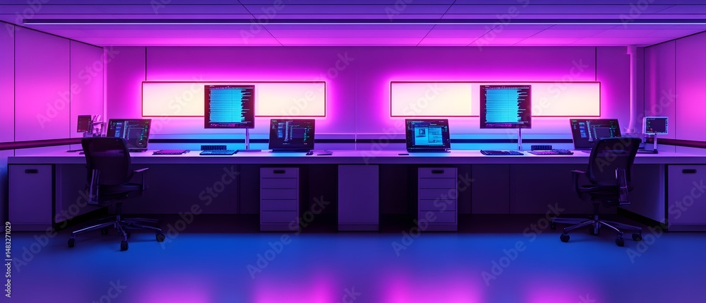 Poster a computer workstation with four computer monitors and four chairs