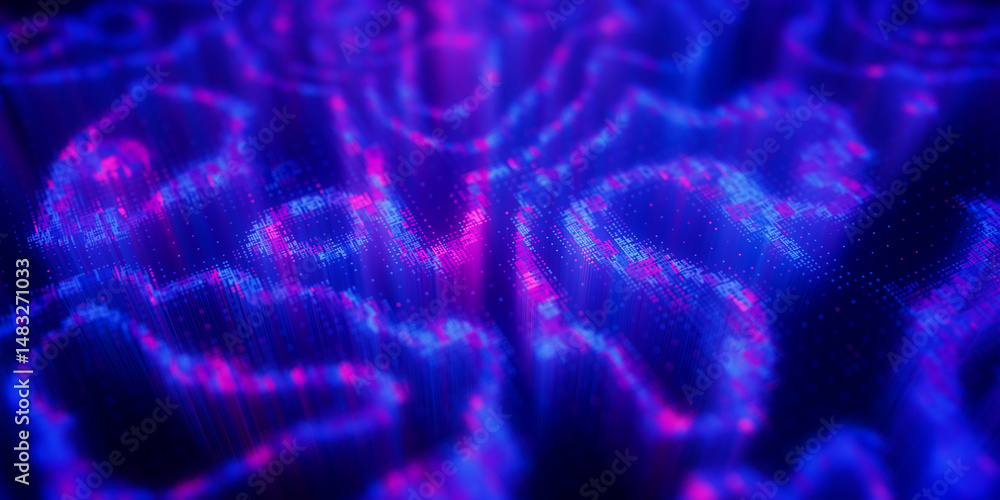 Poster Big Data clusters complex graph. Quantum computing patterns. Cyber space of AI technology neural connections. Futuristic graph. Digital information presentation. 