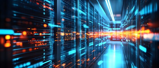 Obraz premium A computer server room with a blue and orange background