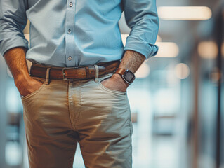 A man in business casual attire stands with hands in pockets, wearing a blue shirt and khaki pants, in a modern indoor setting.