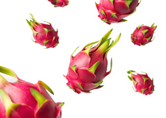Dragon fruits falling mid-air isolated on a transparent background.