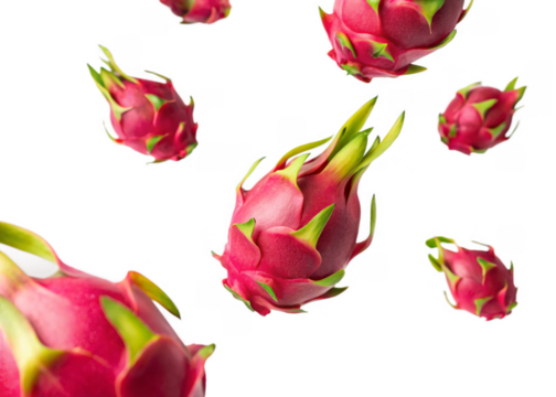 Dragon fruits falling mid-air isolated on a transparent background.