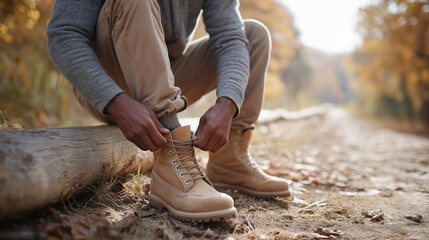 Close up of an Indigenous hiker tying his boots while sitting on a log beside a sun dappled trail in an autumn forest