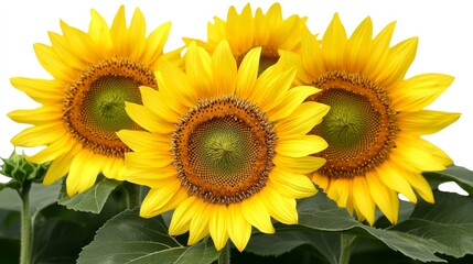 Fototapeta premium Close-up Group of Yellow Sunflowers with Green Leaves on White Background, Beauty, Nature