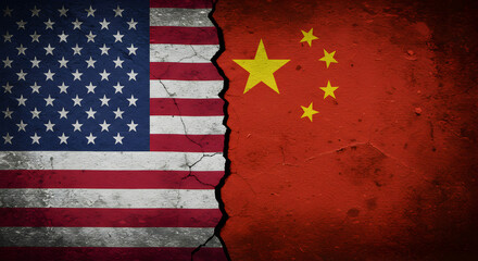 United States and China Flags with Crack Symbolizing Geopolitical Tensions and Distressed Backgrounds