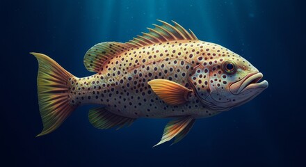 Fototapeta premium Spotted Coral Grouper: Oceanic Elegance - A vibrant spotted coral grouper, symbolizing underwater beauty, marine life, ocean ecosystems, wildlife conservation, and the splendor of nature