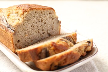 Pieces of banana bread on table, closeup