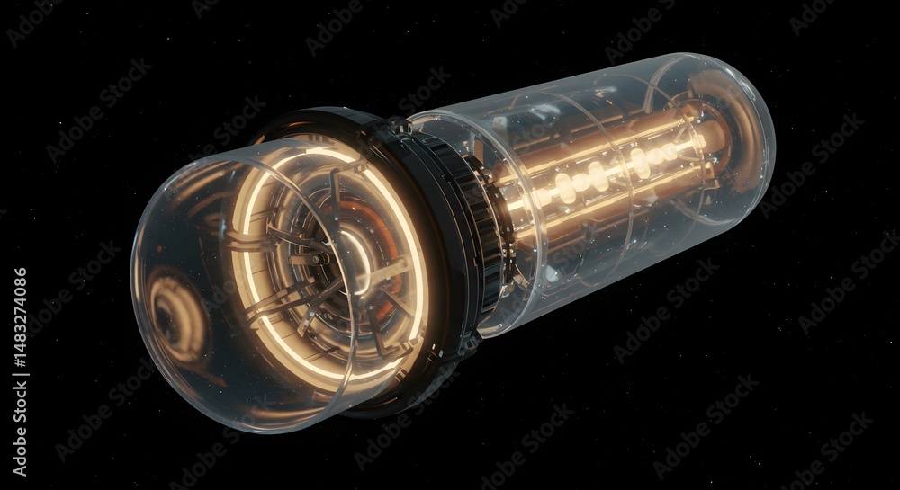 Poster futuristic capsule with glowing elements floating in dark space with star particles
