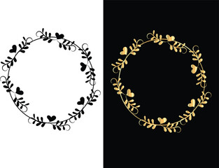 Elegant Black and Gold Floral Wreath Frame with Hearts for Wedding Invitations