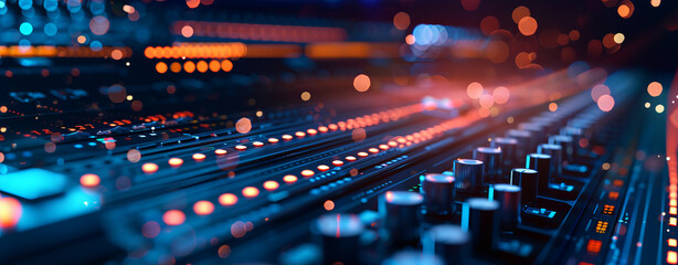 Obraz premium Close up view of sound mixing console with illuminated buttons and knobs, creating vibrant atmosphere