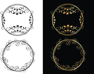 Elegant Circular Frames with Hearts and Swirls Black and Gold